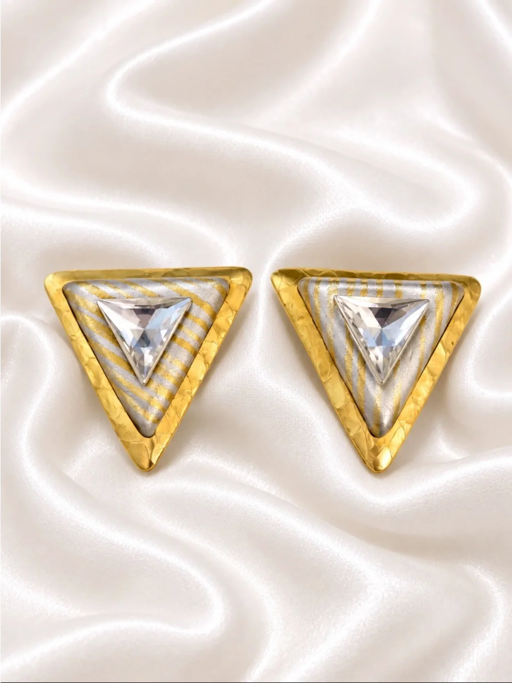 Gold and Silver Triangle Crystal Clip-on Earrings